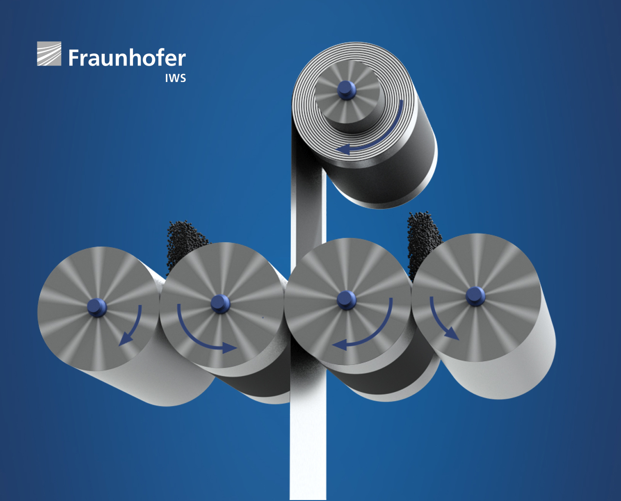Prozessschema zur simultanen, beidseitigen Beschichtung von Batterieelektroden mit DRYtraec®. Prozessschema zur simultanen, beidseitigen Beschichtung von Batterieelektroden mit DRYtraec®.