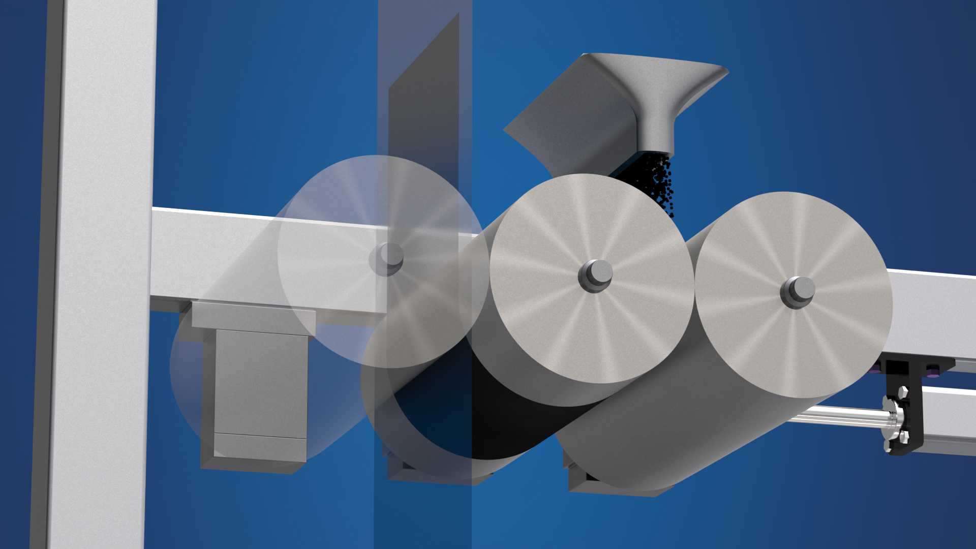 DRYtraec process scheme: The shear force in the calender gap leads to film formation on the faster rotating roll. Therefrom, the film is transferred to the target substrate.